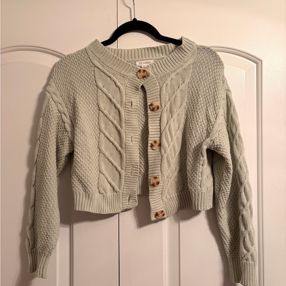 Mint Green Cable Knit Cropped Cardigan